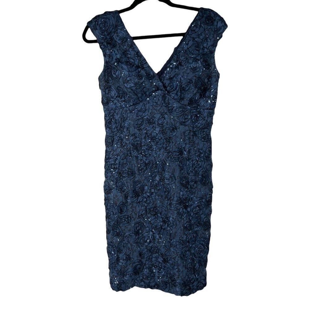 Marina Blue Sequin Rose V Neck Dress Womens 4 Sexy Bodycon